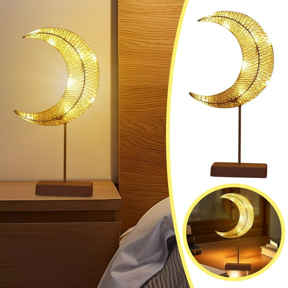 Decorative Table Lamp, Adjustable Moon Shape Ramadan Desk Lamp USB Rechargeable Light, Winding Thread Warm LED Crescent Light Home Bedroom Romantic Bedside Desktop Nightstand Decoration