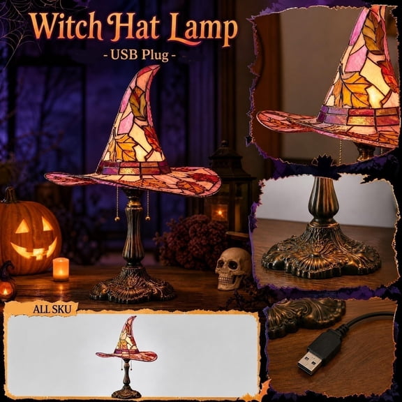 Decorative Table Lamp, Halloween Witch Lamp, Fall and Halloween Decor, Vintage Halloween Decorations, Witch Hat Light, 8X6 Inch Stained Glass Witch Hat Shaped Glass Lamp, Usb