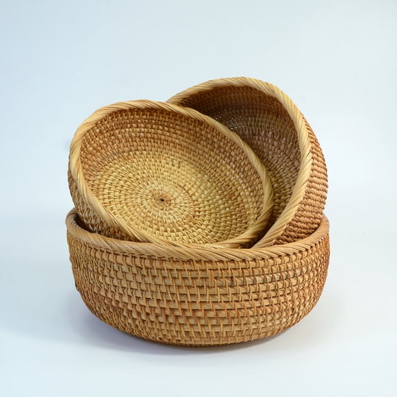 Decorative Table Organizer Rattan Fruit Basket Bowl Woven Round Serving Tray Flat Wicker Countertop Platter Deepened Shallow Basket Open Rim Storage Containers Trio Sorting Trunk Set of 3 Multi Size
