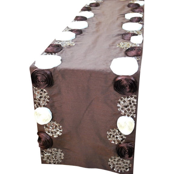 Decorative Table Runner Chocolate Brown, Ivory, Wine, 16 inch wide x 90 inch long Silk Chocolate Ivory Satin Ribbon Flower With Sequins Embroidered - Satin Ribbon