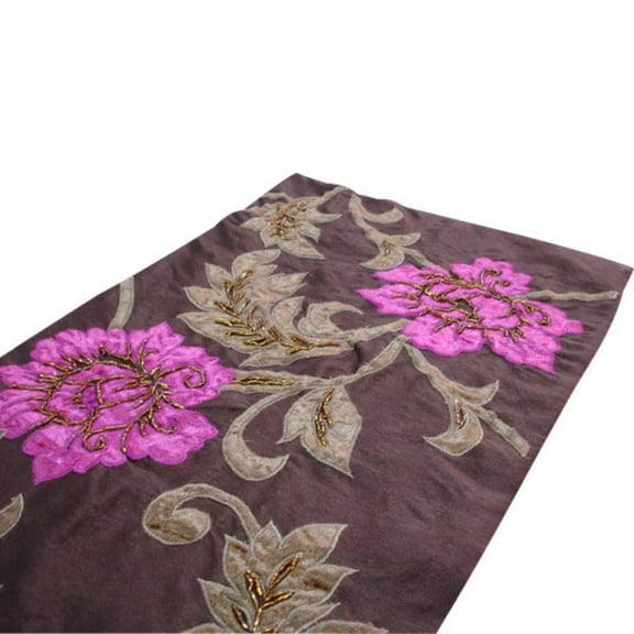 Decorative Table Runner Dark Brown, Olive Green, Fuchsia Pink, 16 inch wide x 120 inch extra long Silk Beaded Table Runner Butterfly Mother Of Pearl Embroidery - Blossoms Applique