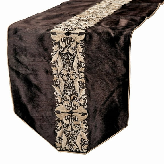 Decorative Table Runner, Luxury Silk with Embroidery Brown Silk 14 x 72 inch long, Wedding Decor Table Linen Modern Table Runner - Maahru