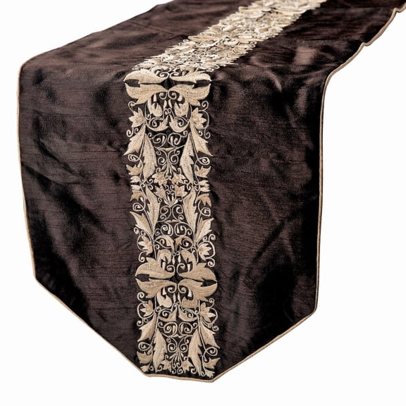 Decorative Table Runner, Luxury Silk with Embroidery Brown Silk 16 x 108 inch extra long, Wedding Decor Table Linen Modern Table Runner - Maahru