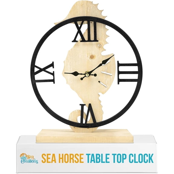 Decorative Table Top Clock - Wooden Base and Metal Frame - Rustic Roman Numeral Design - Nautical and Beach Themed - for Home and Office - 12.5 Inches - Silent Ticking - Sea Horse