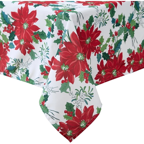 Decorative Tablecloth, Wrinkle and Stain Resistant, Spillproof Water Repellent, Easy Care Washable Polyester Fabric for Dining, Kitchen, Holiday and Party, 60" x 84", Christmas Floral