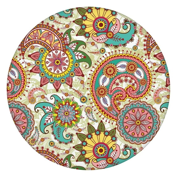 Decorative Tablecloth with Lively Boho Motif, Elastic Hem for 56 Inch Diameter Tables, Tear Resistant Material