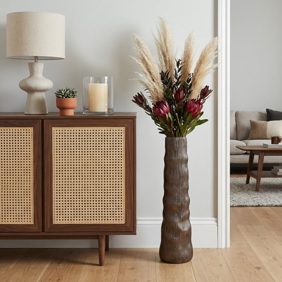 Decorative Tall Vase for Living Room Decor - Modern Metal Aluminum Flower Vase for Home, Bedroom, or Office Table Display - Sculptural Textured Design for Console or Mantel - 27", Bronze & Copper