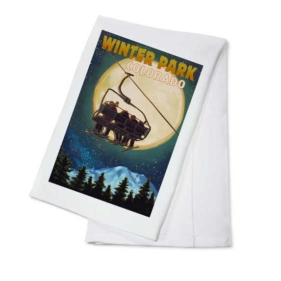 Decorative Tea Towel, Apron Winter Park, Colorado, Ski Lift and Full Moon, Unisex, Adjustable, Organic Cotton