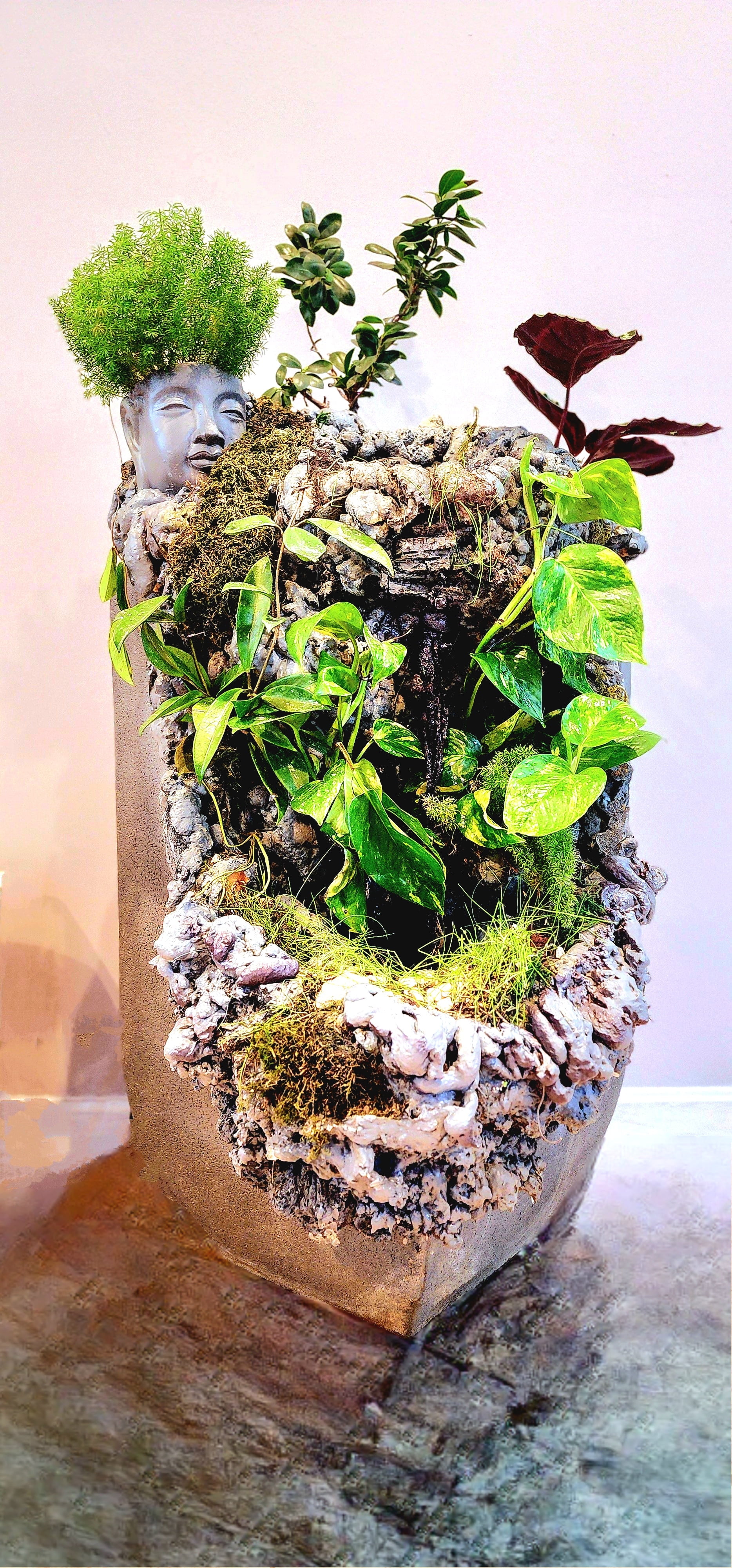 Decorative Terrarium Planter Waterfall Fountain with Stone Design, Live Mixed Plants, Indoor Garden Display, 58 Inch