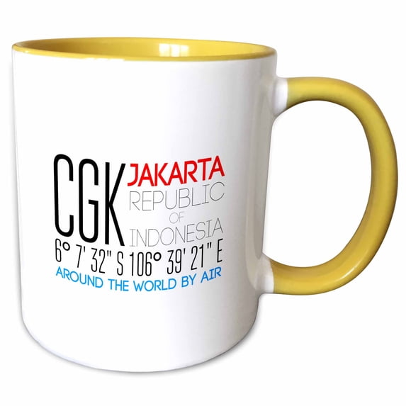 3drose, Decorative Text Cgk, Jakarta, Indonesia, Geographic Coordinates, 15oz Two-tone Yellow Mug