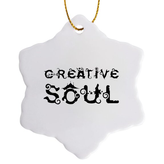 3drose, Decorative Text Creative Soul. Typography Design on White Background, 3 inch Snowflake Porcelain Ornament