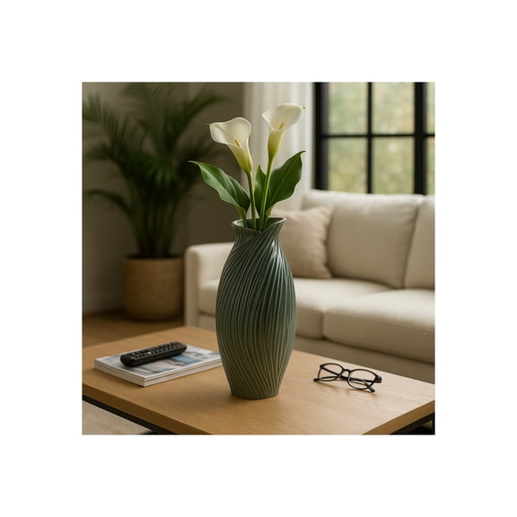 Decorative Textured Flower Vase for Living Room Decor and Bedroom Decor - Modern Home Decor Accent for House, Office Decor, or Table Decor - Stylish Sculptural Room Display Piece - 16", Green