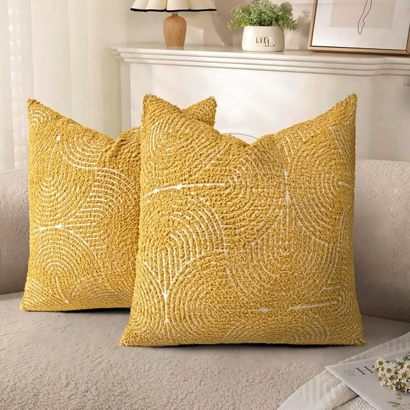 Decorative Textured Throw Pillow Covers 18x18, Organic Modern Mid Century Rainbow Tufted Pillow Case, Farmhouse Rustic Geometric Woven Cushion Case for Bed Couch Sofa, Mustard Yellow