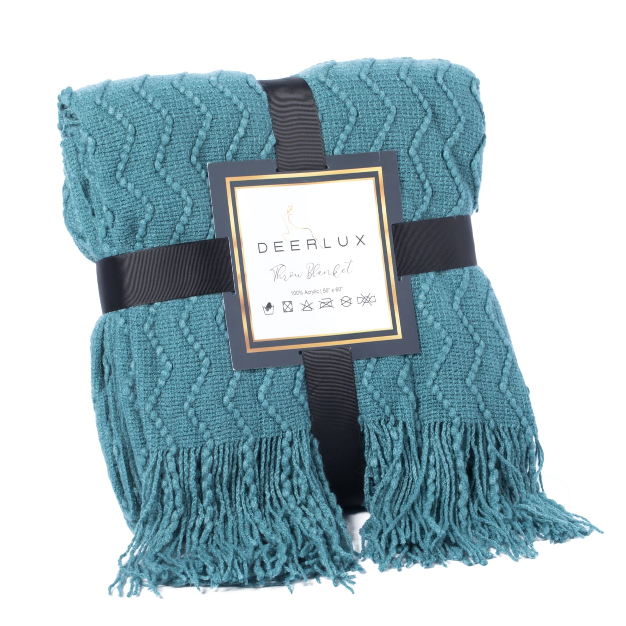 Blue Chevron Pattern Knit Throw Blanket with Fringe
