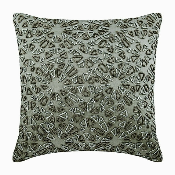 Decorative Throw Pillow Cover Accent Pillow Couch Sofa Bed 14x14 Silver Silk Pillow Cover Silver & Grey Beaded Embroidered, Silver Pillow Covers 14x14 inches - Cool Chrome