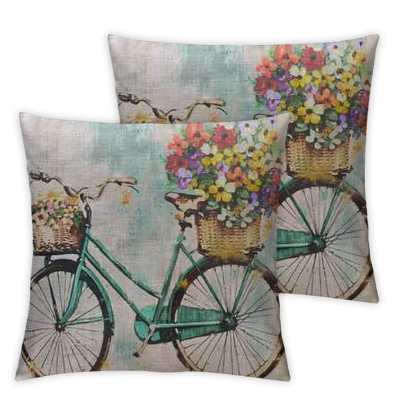 Decorative Throw Pillow Cover for Couch Sofa,Bike Retro Blue Bicycle with Flowers in Basket on White Isolation Watercolor Vintage Home Decor Pillow case