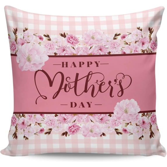 Decorative Throw Pillow Cover Happy Mother''s Day Pillow Cases Spring Flowers Floral Pink White Plaid Warm Family Cushion Cover Super Soft Brushed Fabric Pillowcase for Home Couch Sofa Bed, 30" x 30"