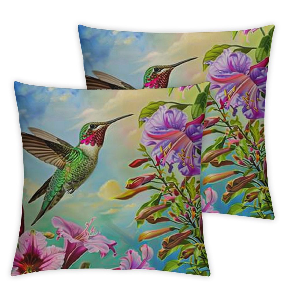 Decorative Throw Pillow Cover Hummingbird with Pink Flowers Green