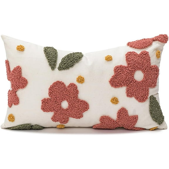 Decorative Throw Pillow Cover Pink Flower Boucle Embroidery Cushion Covers for Couches and Sofas Embroidered Lumbar Pillow Cover 12x20 Pink Pillow Cover Pack of 1