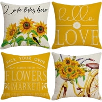 Decorative Throw Pillow Cover Plant Sunflower - 18 x 18 Flower Bike Pillow Cushion Case - 4 Pack Yellow White Linen Square Pillow Cushion Cover, Great for Couch, Patio, Chair, Living Room Decor
