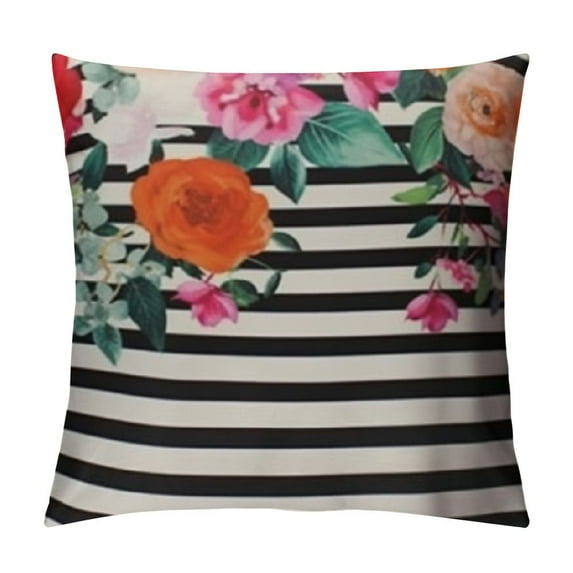Decorative Throw Pillow Cover Queen Trendy Pink Watercolor Floral Black White Stripe Outdoor Pillowcase Gift for Holiday Sofa Bed
