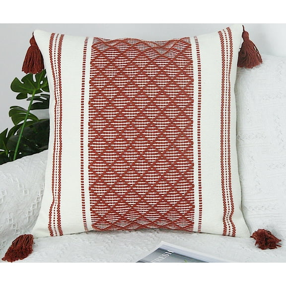 Decorative Throw Pillow Cover with Tassels, 18x18 Inches, Rust Brown and Cream | Boho Geometric Striped Pillow Cover | Farmhouse Rustic Woven Pillow Case | Natural Accent Cushion Cover