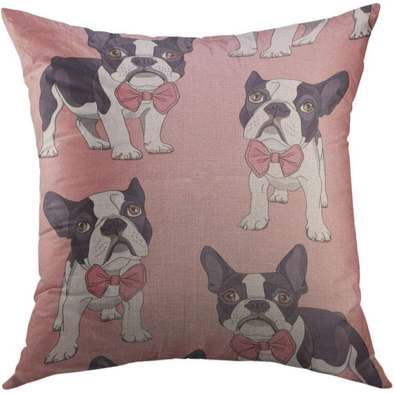 Decorative Throw Pillow Cover for Couch Sofa,Black Dog French Bulldog with Bow Tie on Pink Pet Home Decor Pillow case 18x18 Inch