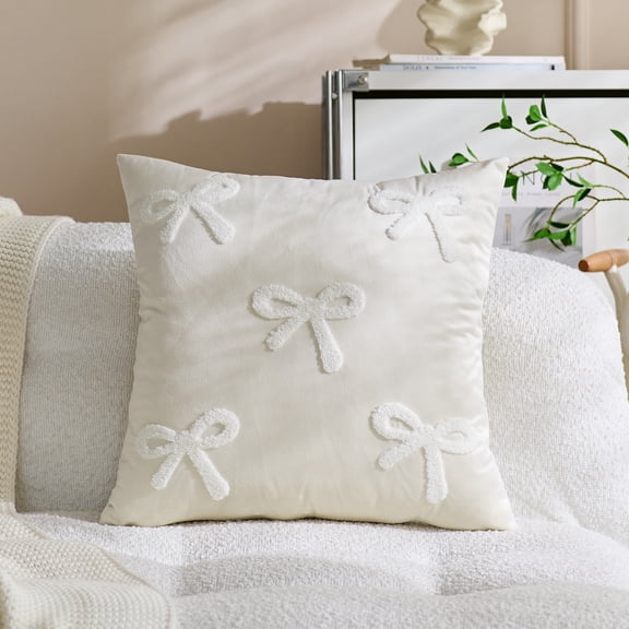 Decorative Throw Pillow Cover with Embroidered Bow Design, Soft Accent Cushion Cover for Sofa Couch Bed Living Room Home Décor (Cover Only)