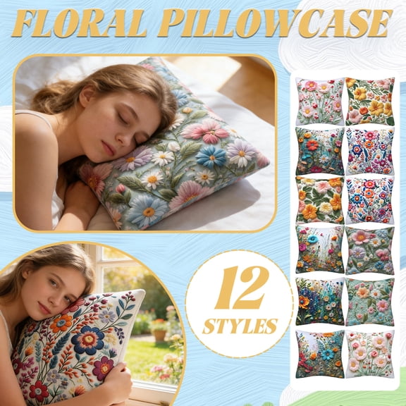 Decorative Throw Pillow Cover with Embroidered Floral Pattern Square Cushion Case for Sofa Bed Living Room Home Decor