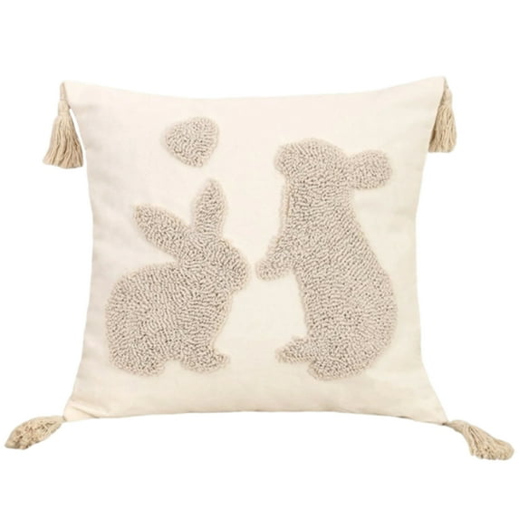 Decorative Throw Pillow Cover with Tufted Bunny Pattern Square Cushion Cover with Tassels for Sofa Bed Chair Living Room Home