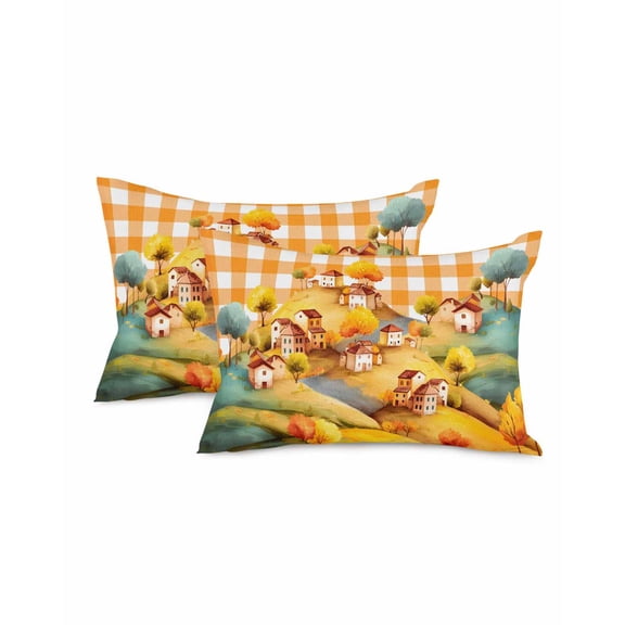Decorative Throw Pillow Covers 12x20 Inch Set of 2 Hill Tree Scenery Fall Decor Pillow Cases for Couch, House Orange Plaid Cushion Case for Living Room Bedroom Bed Car Chair