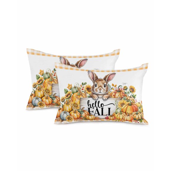 Decorative Throw Pillow Covers 12x20 Inch Set of 2 Pumpkin Rabbit Fall Decor Pillow Cases for Couch, Sunflower Orange Plaid Cushion Case for Living Room Bedroom Bed Car Chair