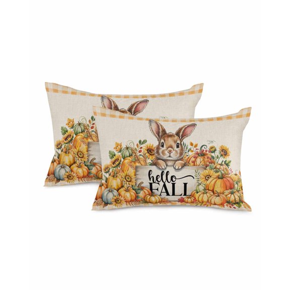 Decorative Throw Pillow Covers 12x20 Inch Set of 2 Pumpkin Rabbit Fall Decor Pillow Cases for Couch, Sunflower Orange Plaid Retro Cushion Case for Living Room Bedroom Bed Car Chair