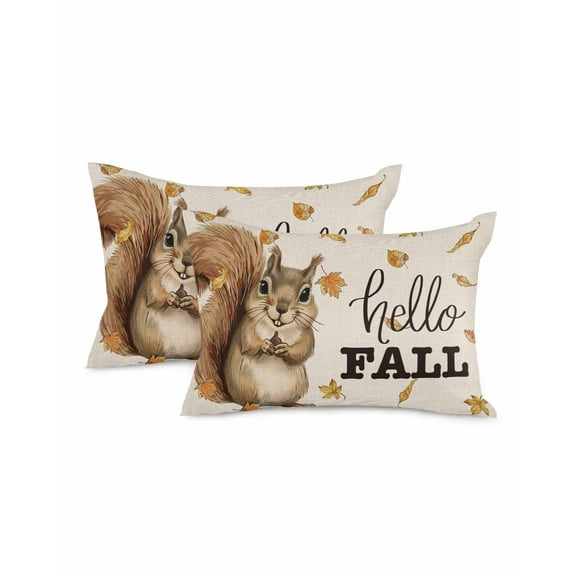Decorative Throw Pillow Covers 12x20 Inch Set of 2 Squirrel Fall Decor Pillow Cases for Couch, Hello Fall Leaves Cushion Case for Living Room Bedroom Bed Car Chair