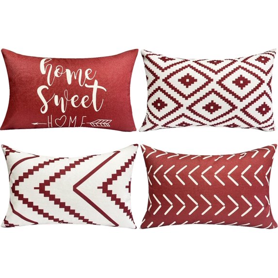 Decorative Throw Pillow Covers 12x20 Inch Wine Red Pillow Covers for Couch Sofa Living Room Bedroom,Farmhouse Outdoor Throw Pillow Cover,Modern Geometric Linen Square Throw Pillow Case Set of 4