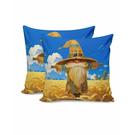 Decorative Throw Pillow Covers 16x16 Inch Set of 2 Gnome Fall Decor Pillow Cases for Couch, Autumn Harvest Wheat Field Cushion Case for Living Room Bedroom Bed Car Chair