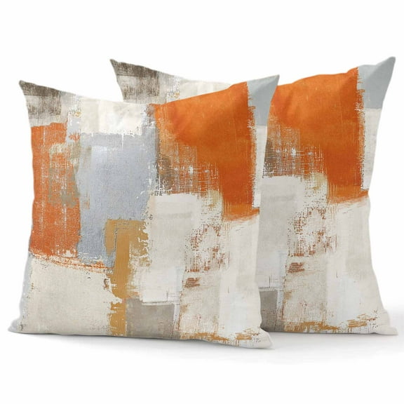 Decorative Throw Pillow Covers 16x16 Inch Set of 2 Orange Gray Beige Block Home Decor Pillow Cases for Couch, Abstract Art Cushion Case for Living Room Bedroom Bed Car Chair