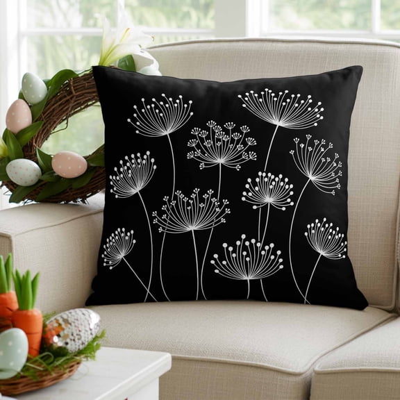 Decorative Throw Pillow Covers 16x16 Inch Set of 2 Spring White Dandelion Home Decor Pillow Cases for Couch, Black Cushion Case for Living Room Bedroom Bed Car Chair