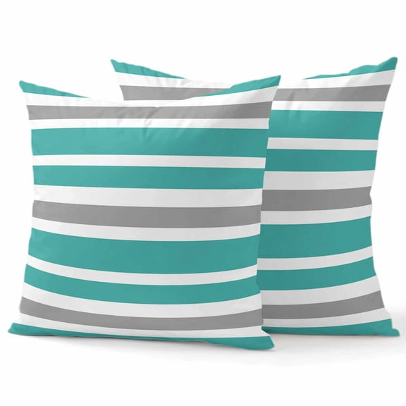 Decorative Throw Pillow Covers 16x16 Inch Set of 2 Turquoise, White and Grey Stripes Home Decor Pillow Cases for Couch, Striped Pattern Cushion Case for Living Room Bedroom Bed Car Chair
