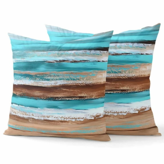 Decorative Throw Pillow Covers 16x16 Inch Set of 2 Vintage Brown Turquoise Home Decor Pillow Cases for Couch, Ocean Waves Cushion Case for Living Room Bedroom Bed Car Chair