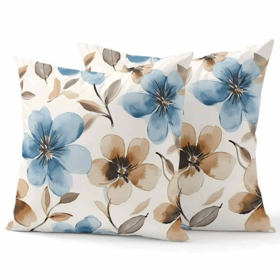Decorative Throw Pillow Covers 16x16 Inch Set of 2 Watercolor Flower Home Decor Pillow Cases for Couch, Blue Brown Cushion Case for Living Room Bedroom Bed Car Chair