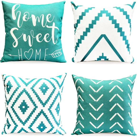 Decorative Throw Pillow Covers 18x18 Inch Aqua Blue Pillow Covers for Couch Sofa Living Room Bedroom,Farmhouse Outdoor Throw Pillow Cover,Modern Geometric Linen Square Throw Pillow Case Set of 4