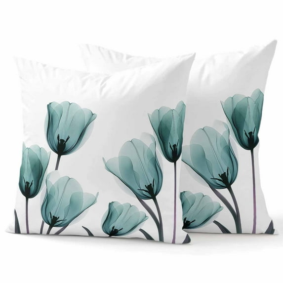 Decorative Throw Pillow Covers 18x18 Inch Set of 2 Teal Tulip Home Decor Pillow Cases for Couch, Floral Plant Cushion Case for Living Room Bedroom Bed Car Chair