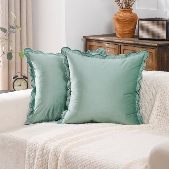 Decorative Throw Pillow Covers 18x18 Set of 2 Couch Soft Velvet Designs with Scallop Edging for Bed Indoors Mix and Match for Home Decor,SageGreen