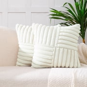 All Smiles Couch Decorative Throw Pillow Covers 18x18 Set of 2 Faux Fur Plush Soft Fluffy Striped Cushion Case Home Decor for Sofa Living Room Bedroom,Cream