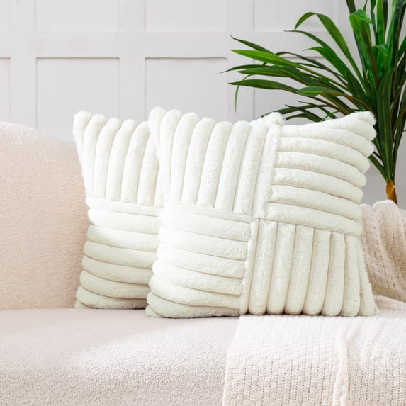 All Smiles Couch Decorative Throw Pillow Covers 18x18 Set of 2 Faux Fur Plush Soft Fluffy Striped Cushion Case Home Decor for Sofa Living Room Bedroom,Cream