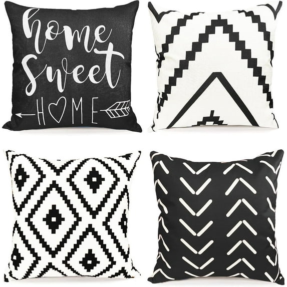 Decorative Throw Pillow Covers 18x18 inch Black White Pillow Covers for Couch Sofa Living Room Bedroom Farmhouse Outdoor Throw Pillow Cover,Modern Geometric Linen Square Throw Pillow Case Set of 4
