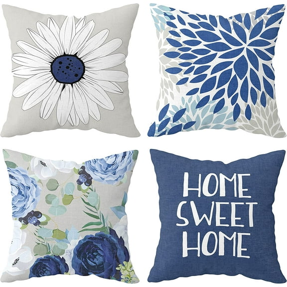 Decorative Throw Pillow Covers 18x18 inch Blue and Grey Modern Pillow Covers for Couch Farmhouse Floral Square Pillow Case Navy Blue Cushion Covers for Sofa Outdoor Patio Decor, Set of 4