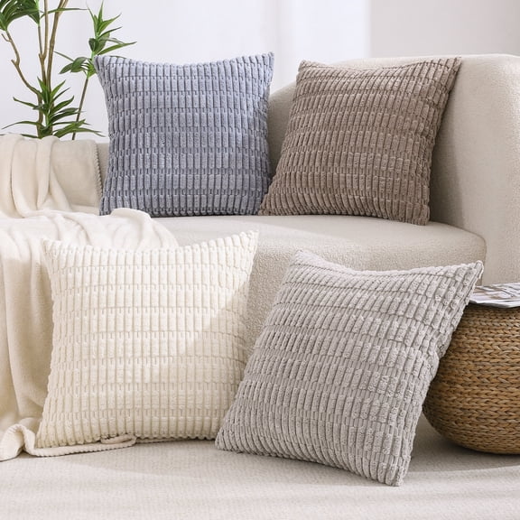 All Smiles Decorative Throw Pillow Covers 18x18 inch Set of 4 Neutral Corduroy Square Cushion Case for Decor Living Room Couch Bed Sofa