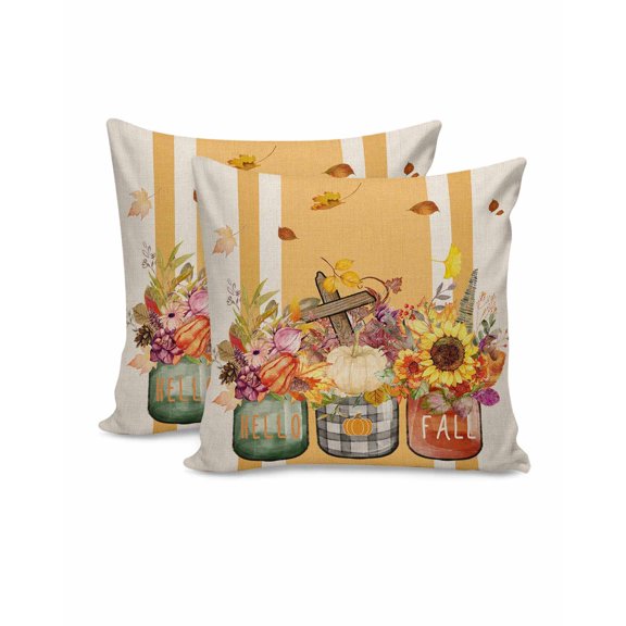 Decorative Throw Pillow Covers 20x20 Inch Set of 2 Hello Fall Pumpkin Fall Decor Pillow Cases for Couch, Sunflower Maple Leaves Cushion Case for Living Room Bedroom Bed Car Chair